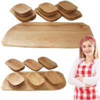 DREWNIANY ZESTAW TALERZY KOMPLET TACEK I KORYTO IDEALNY NA GRILLA PRZEKĄSKI