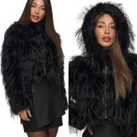 KURTKA DAMSKA ZIMOWA z kapturem krótka futrzana futerko pióra czarna