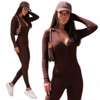 Kombinezon dopasowany bawełniany z prążka zapinany na guziki brązowy