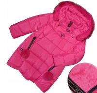 Kurtka zimowa z futerkiem płaszczyk fuksjowa bardzo ciepła pompony