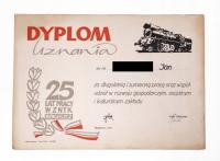 DYPLOM UZNANIA - ZA DŁUGOLETNIĄ PRACĘ, 25 LAT W ZNTK BYDGOSZCZ, PRL