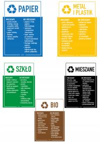 NAKLEJKI ZESTAW 5 SZT NA ŚMIETNIK KOSZ SEGREGACJA WODOODPORNE 30x20CM