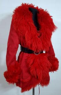 Naturalny kożuch toskan skóra jagnięca czerwony zgrabny miekki lekki S M