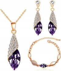 Złoty komplet biżuterii ślubny złocony śliwkowe łezki pozłacany cyrkonie