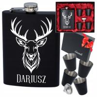 Piersiówka Stalowa z Grawerem+4 Kieliszki Lejek Zestaw Prezentowy Na Święta