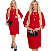 Elegancka Klasyczna Wizytowa SUKIENKA Midi Prosta Okrągły Dekolt Czerwień