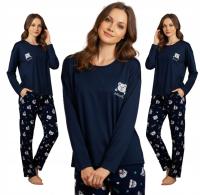 Piżama damska bawełniana granatowa Długi rękaw spodnie komplet nocny zimowa