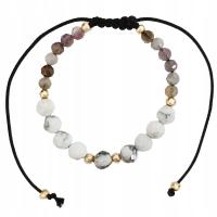 Złota czarna bransoletka sznurkowa 585 z białymi koralikami i diamentowanym