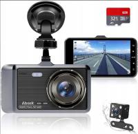 Przednia i tylna kamera samochodowa Abask Dashcam z kartą SD 32 GB, 4-calowy full HD 1080P, szeroki kąt 170 °, noktowizor, czujnik G, WDR, nagrywanie w pętli, monitorowanie parkowania i wykrywanie ruchu