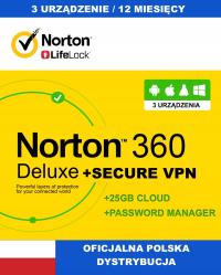 NORTON 360 Deluxe + Secure VPN 3 stanowiska / 1 rok (nie wymaga karty)