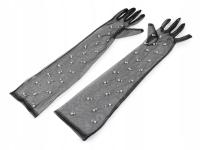 Długie rękawiczki wizytowe tiulowe z perełkami