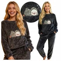 Ciepła Piżama Damska Bluza Ze Spodniami z Haftem Pingwin Grafitowa