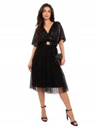 Sukienka Damska Elegancka Rozkloszowana z cekinową górą tiulowy dół