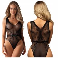 Женское кружевное сетчатое боди Obsessive с петлей B115 S / L черный