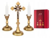 Zestaw Kolędowy złoty mosiężny duży Krzyżyk na kolędę lichtarzyki 20,5 cm