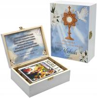BIBLIA Pismo Święte prezent na Komunie eleganckie pudełko z personalizacją