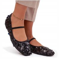 BALERINY DAMSKIE OZDOBIONE CEKINAMI Z PASECZKIEM PŁASKIE CZARNE