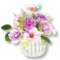 Stroik na grób Dzień Mamy fioletowe sztuczne kwiaty doniczka GRATIS topper