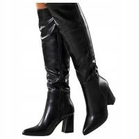 KOZAKI Czarne Damskie WYGODNE Szeroki Ozdobny Słupek MODNE Eleganckie