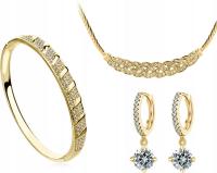 Złoty zestaw biżuterii kolczyki kółeczka bransoletka naszyjnik cyrkonie