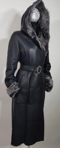 Naturalny kożuch włoski MARINNI czarny grafit licowany trencz zgrabny S 36