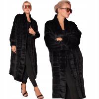 DONATA Eleganckie Długie Luźne FUTRO Futrzany PŁASZCZ Szalowy Czarny