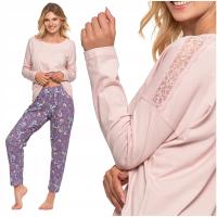 Piżama Damska Delikatna Koronka Długi Rękaw Spodnie w Kwiaty MORAJ