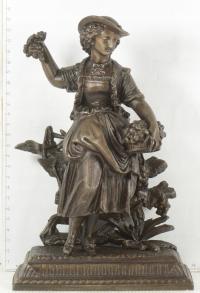 FIGURKA KOBIETY NIOSIĄCA KOSZ OWOCÓW W STYLU SUGERUJACYM XIX w. CYNKAL