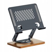 Półka na Biurko z Drewnianą Podstawą, Antypoślizgowa, Obrotowa 360°, Przenośna, Szara