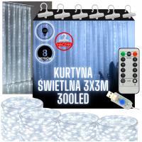 KURTYNA ŚWIETLNA BIAŁA ZIMNA 300 LED GIRLANDA NA OKNO + HACZYKI + PILOT