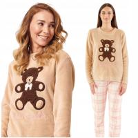 Piżama Damska Dwuczęściowa Długi Rękaw Ciepła Miękka Polarowa z Misiem