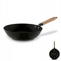 Żeliwny WOK 30 cm emaliowany z drewnianą rączką Hanoi Starke Pro CZARNY