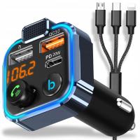 TRANSMITER FM SZYBKA ŁADOWARKA BLUETOOTH AUDIO MP3 BT 3X USB RGB + Kabel INTMIX USB - USB typ C / microUSB / Lightning 1,2 m czarny