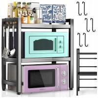 PÓŁKA STOJAK NA MIKROFALÓWKĘ REGAŁ KUCHENNY CZARNY ROZSUWANA + 6 HACZYKÓW