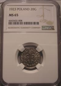 II RP - 20 groszy 1923 MS 65 NGC - Le Locle - najrzadsze