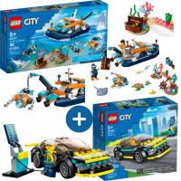 LEGO City 60377 Łódź do nurkowania badacza + LEGO 60383 Samochód Sportowy