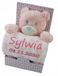 Zestaw MIŚ - Kocyk z imieniem + różowa MASKOTKA na PREZENT baby shower
