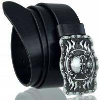 SKÓRZANY PASEK MOTOCYKLISTY BLAKARDO 4 CM CZARNY CZASZKA W PŁOMIENIACH