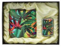 Papierośnica + Zapalniczka Benzynowa Zestaw Kolorowe Liście Marihuany