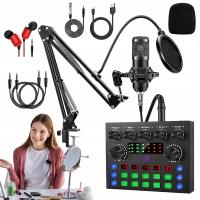 DJ MIKROFON STUDYJNY POJEMNOŚCIOWY + KARTA DŹWIĘKOWA MIKSER STATYW ZESTAW