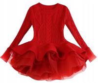Dzianinowa wizytowa sukienka dla dziewczynki elegancka czerwona