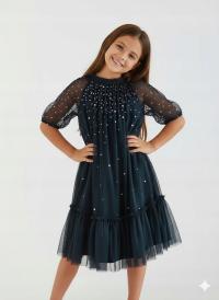 GEORGE wizytowa sukienka navy tiul cekiny 122-128