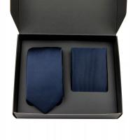 KRAWAT męski GRANATOWY gładki + POSZETKA granatowa prążek + PUDEŁKO