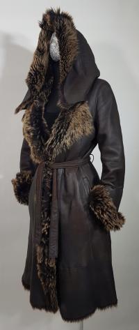 Naturalny kożuch jagnięcy włoski trencz toskan brąz długi włos kaptur S M