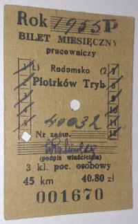 BILET KARTONIKOWY KOLEJOWY PKP RADOMSKO - PIOTRKÓW TRYBUNALSKI 06/1955