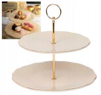 Porcelanowa Patera dwupoziomowa etażerka kremowa ze złotymi dodatkami