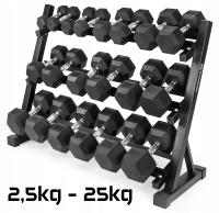 Zestaw hantli hex gumowanych 2x2,5kg - 2x25kg ze stojakiem SOLIDNE 275kg