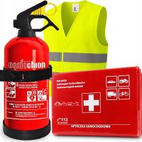 Zestaw gaśnica samochodowa proszkowa ogniochron 1 kg apteczka samochodowa