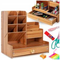 PRZYBORNIK ORGANIZER NA BIURKO DŁUGOPISY DREWNIANY BRĄZOWY Z SZUFLADĄ