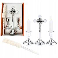 Komplet Kolędowy Srebrny Zestaw Krzyż Świeczniki Kropidło Świece Pudełko